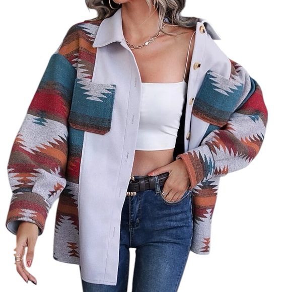 Boho Aztec Shacket Oversized Button Down - Picture 2 of 5